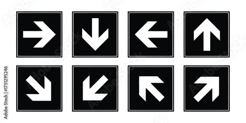 arrow, direction, sign, symbol, navigation, movement, pointer, right, down, left, up, diagonal, square, black, white, graphic, icon, illustration, information, guidance, traffic, transport, wayfinding