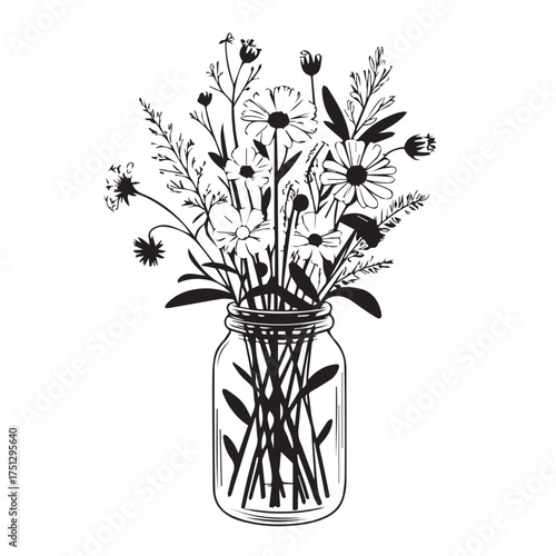 Black and White Silhouette of Wildflowers in a Mason Jar
