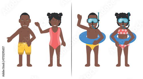 Children Bather Characters Wearing Swimsuit. Black Boy and Girl Wearing Shorts, Swimsuit, Trunks, Bikini, Buoy and Diving Mask.