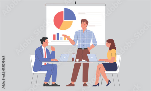 Business presentation with pie chart explanation team