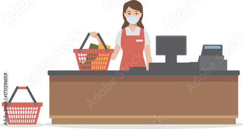 Cashier with mask and shopping basket