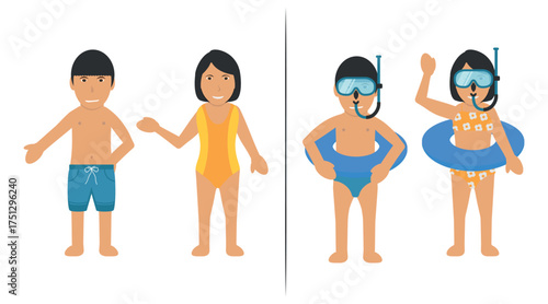 Children Bather Characters Wearing Swimsuit. Black Hair, Brown Skin Boy and Girl Wearing Shorts, Swimsuit Trunks, Bikini, Buoy and Diving Mask.