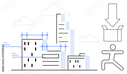 High-rise buildings under construction, person icon symbolizing workforce dynamics, arrow pointing to a box for logistics or delivery. Ideal for urbanization, development, logistics, workforce