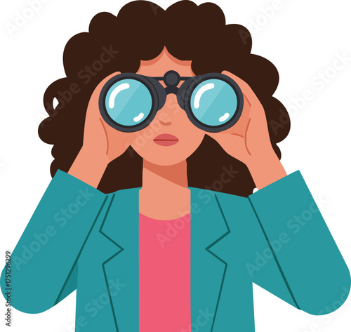 Woman with curly hair using binoculars for observation and exploration in teal jacket and pink shirt vector illustration 