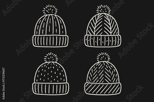 Four hand-drawn winter beanies with pom-poms on black background  