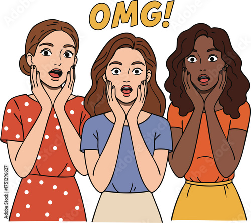 Three diverse surprised women expressing shock and amazement with OMG text in colorful casual clothing vector illustration 