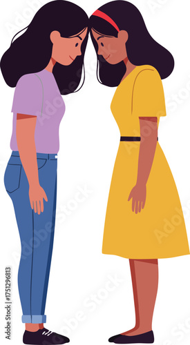 Two young women standing face to face in thoughtful pose with casual and dress outfits vector illustration 