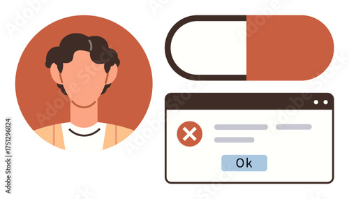 User portrait, popup window with error message, capsule. Ideal for healthcare, medication, warning, user interface, error notification system alert caution concepts. Simple flat metaphor