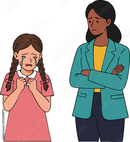 Sad little girl crying and upset woman standing with crossed arms expressing disappointment or concern vector illustration 