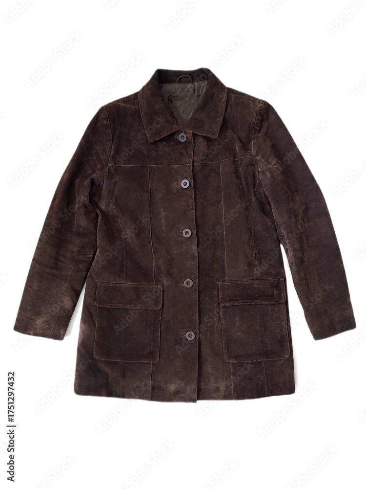 Naklejka premium Dark chocolate brown real suede trench coat flat lay top view on white background isolated. Genuine leather 90s style women's jacket with buttons and collar. Elongated spring fall outerwear.