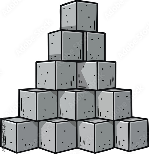 Stack of gray concrete blocks in pyramid shape illustration with rough texture and shading vector drawing 