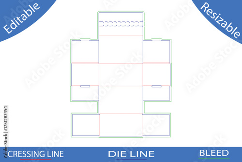 Tuck top box packaging die cut template with fold lines