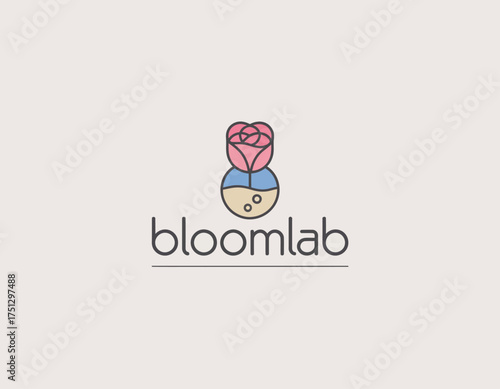 This logo intricately combines a blooming rose with lab elements, highlighting a fusion of science and beauty, suitable for modern botanical or research brands.