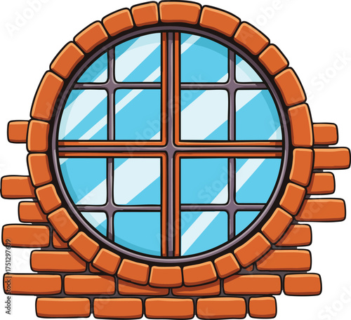 Round window with brick wall frame and blue glass panes in architectural design vector illustration 