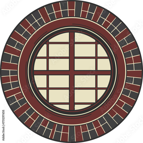 Circular window with crossbars and brick frame architectural design in brown and beige colors vector illustration 