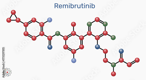 Remibrutinib molecule. Bruton's tyrosine kinase (BTK) inhibitor used to treat chronic spontaneous urticaria, vector illustration