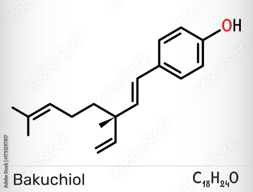 Bakuchiol molecule structure. Natural antioxidant compound used in skincare and anti-aging cosmetics. Vector illustration