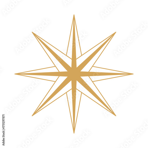 Golden eight-pointed star vector icon. Geometric starburst or compass rose symbol isolated on transparent background.