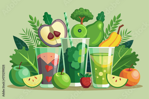 Glass cups with green health smoothie, kale leaves, vector of lime, apple, kiwi, grape, banana, avocado, lettuce. Copy space concept of raw food, vegan, vegetarian, alkaline.