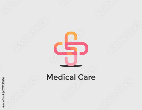 This stylish medical care logo features an abstract plus sign with vibrant colors, representing health and wellness, making it a perfect fit for healthcare branding projects.
