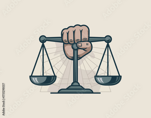 This illustration depicts a strong hand gripping a set of balanced scales, emphasizing themes of justice, fairness, and equality in a minimalistic artistic form.