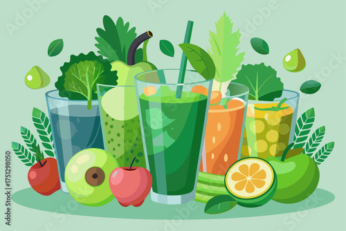 Glass cups with green health smoothie, kale leaves, vector of lime, apple, kiwi, grape, banana, avocado, lettuce. Copy space concept of raw food, vegan, vegetarian, alkaline.