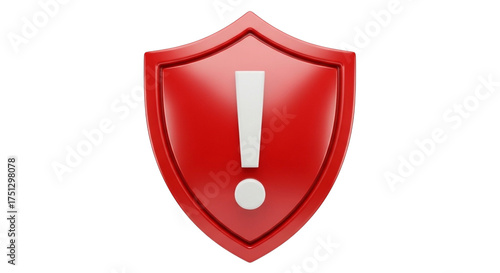 Warning symbol on red shield represents alert, security, and protection, perfect for technology, cybersecurity, and risk management concepts isolated on PNG backgrounds