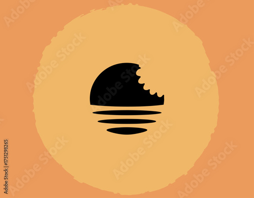 A bold, simplistic icon representing a sunset, featuring a partially eaten representation, symbolizing relaxation and enjoyment over calm water waves.
