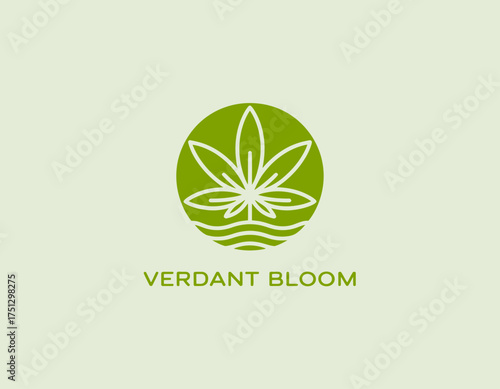 This logo design represents 'Verdant Bloom' with a stylized leaf motif and water elements, symbolizing growth, nature, and tranquility in a minimalistic way.