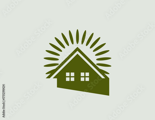 This image illustrates a home logo enhanced with sunray and green elements, symbolizing sustainability and eco-friendliness in the real estate or housing sector.