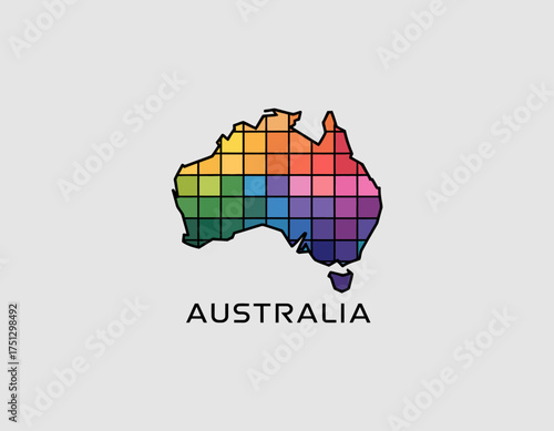 A vibrant, pixel-art inspired map of Australia displaying a spectrum of colors, capturing the essence of diversity and cultural richness of the continent.