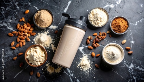 protein shaker bottle surrounded by various protein powders and almonds on marble surface