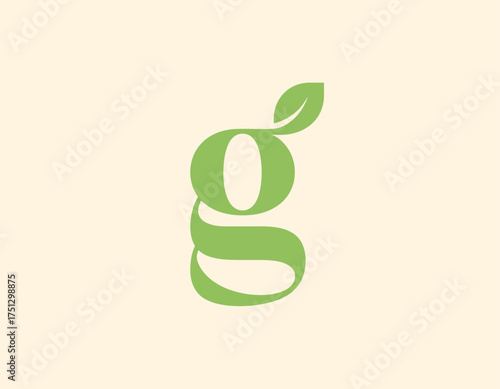 This creative logo features a stylized 'g' intertwined with a leaf, expressing themes of growth, nature, and sustainability, appealing to eco-conscious audiences and brands.