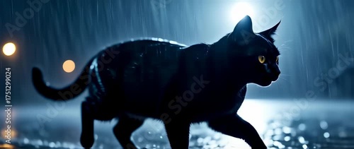 Wallpaper Mural Black Cat Walking in Heavy Rain at Night: Cinematic Moody and Mysterious Ambiance Torontodigital.ca