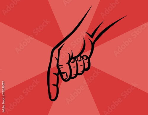 This striking graphic features a bold hand pointing downward, full of expressive lines; it conveys authority and direction through its vibrant red coloring and graphic style.