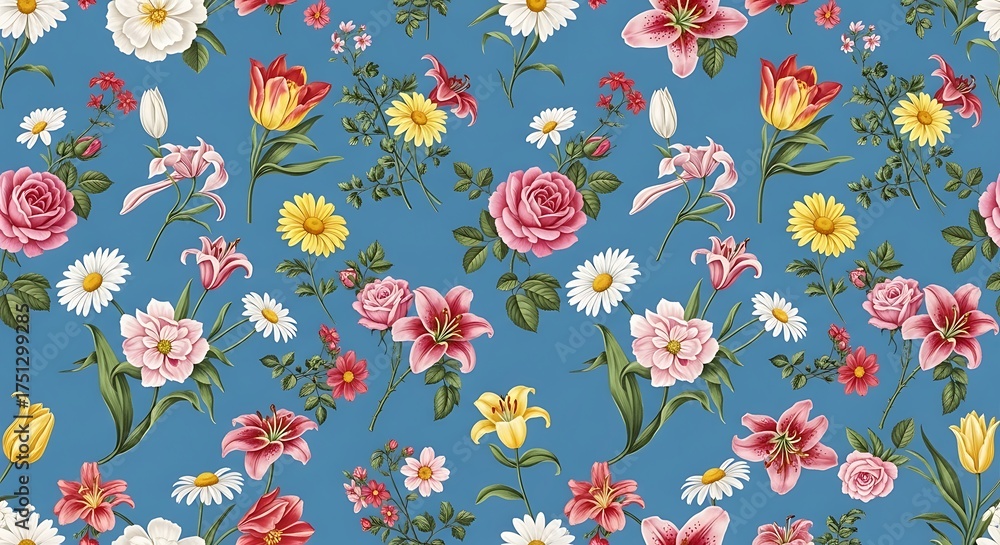 Fototapeta premium Floral Pattern with Roses, Lilies, and Daisies on Blue Background.