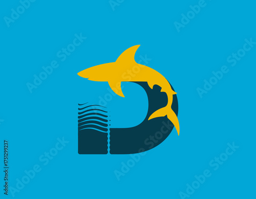 A vibrant logo featuring a jumping yellow shark and water elements, representing energy and movement perfect for aquatic themed businesses and marine conservation efforts.