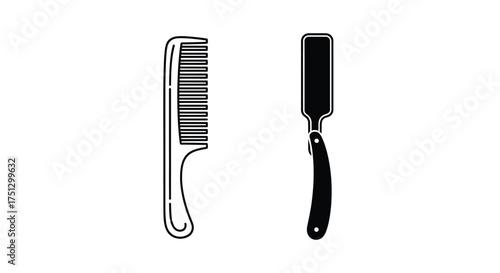 Black and white illustration of a comb and a straight razor, barber tools.