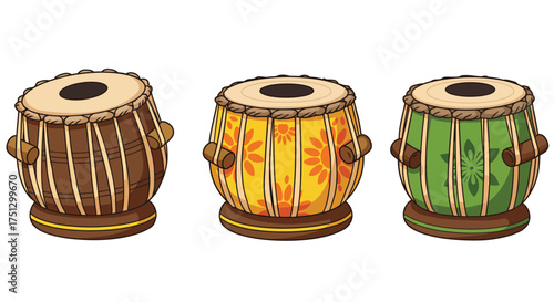Three colorful tabla drums with different designs and colors.