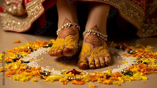 Traditional Indian Bridal Feet Adorned with Turmeric Paste and Henna Designs During a Wedding Ritual Surrounded by Marigold Petals and Rice Grains