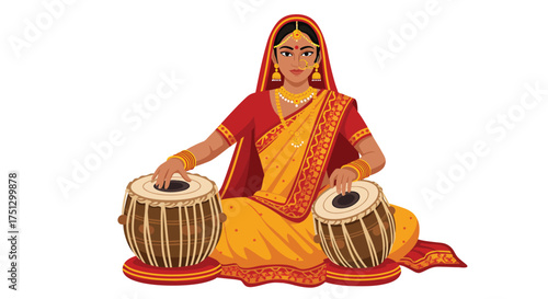 An illustration of a woman in traditional Indian attire playing the tabla drums.