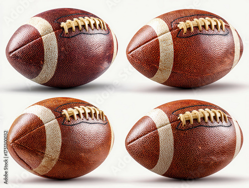 Four shots of an American football from different angles and lighting conditions, with a smooth, polished leather surface and stitching panels No branding or text present - AI-Generated