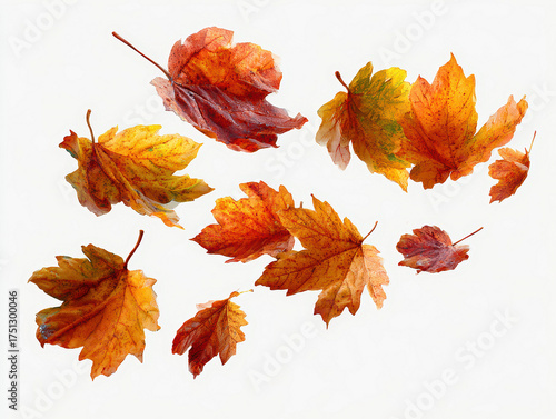 Collection of autumn leaves against white background, floating or drifting Predominantly orange, yellow, and brown leaves with veining patterns Realistic style, artificial lighting, t - AI-Generated