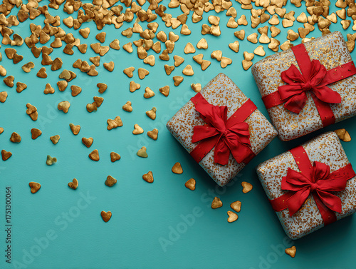 Three gift boxes on a turquoise, gold confetti backdrop White paper wrapping with polka dots, stripes, and solid white Red ribbons Indoor setting, soft shadows, clean, bright, holida - AI-Generated