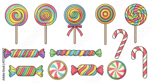 A collection of colorful candies including spiral lollipops, wrapped sweets, and striped candy canes on a white background.