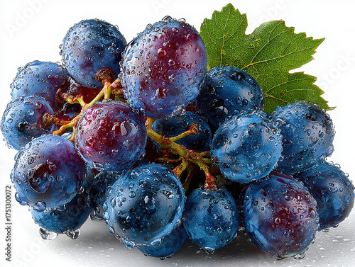 Close-up image of fresh, dark purple grapes with droplets Varying colors from deep black to vibrant purple Round shapes and subtle curves suggest ripeness A small green leaf is visib - AI-Generated