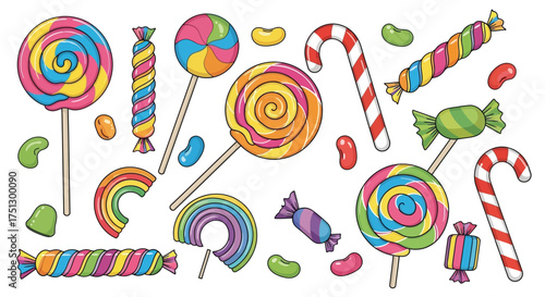A colorful assortment of various candies, including lollipops, candy canes, and wrapped sweets.