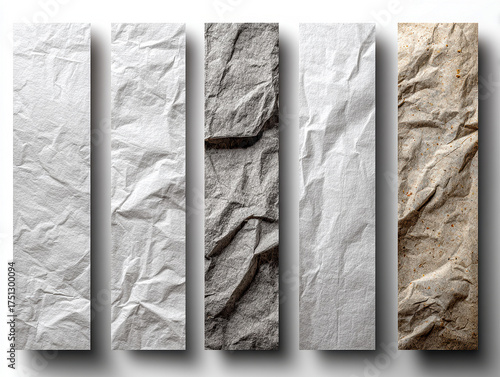 Nine folded gray papers arranged side by side on a white background, each with distinct shadows and unique silhouettes Grayscale tones ranging from light to dark, suggesting various pa - AI-Generated