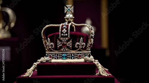 Ornate Royal Crown Adorned with Jewels and Gold Trim Displayed on Velvet Pedestal in Dimly Lit Museum Exhibition Hall with Artifacts in Background