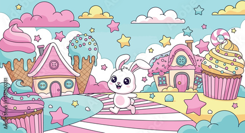 Cute Bunny in Candy Land with Cupcake Houses and Sweet Landscape